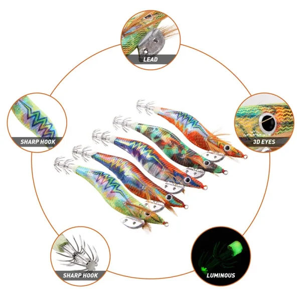 10Pcs Squid lure Wooden Shrimp jigs Fishing hooks Octopus bait 12g 14.5g Cuttlefish Luminous Artificial fishing bait - Image 3
