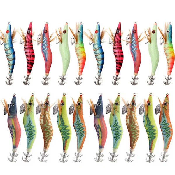 10/20Pcs Squid lures fishing saltwater glow Shrimp Jig heads Wood Bait Octopus lures 3D Eyes Cuttlefish Artficial wooden baits
