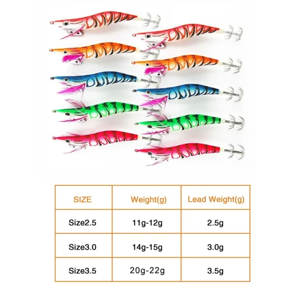 10Pcs/Box Squid Jigs hook Wood Shrimp 12g-21g Fishing bait squid hooks luminous Prawn Octopus lure Cuttlefish with Plastic box - Image 2