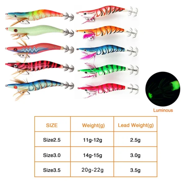 10/20Pcs Squid lures fishing saltwater glow Shrimp Jig heads Wood Bait Octopus lures 3D Eyes Cuttlefish Artficial wooden baits - Image 2