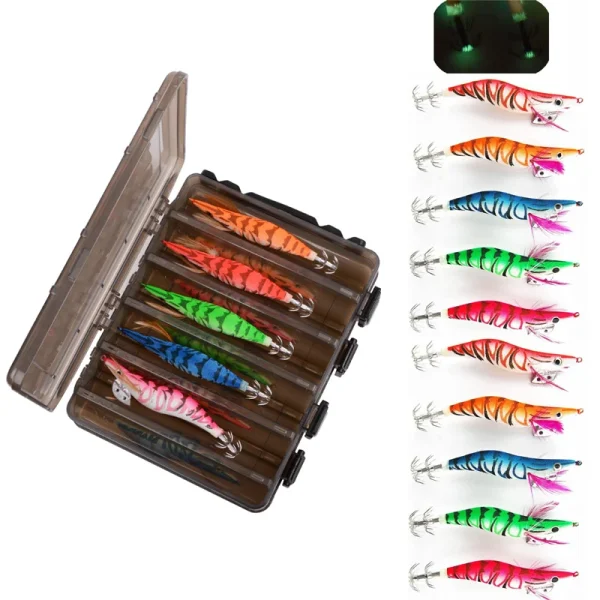 10Pcs/Box Squid Jigs hook Wood Shrimp 12g-21g Fishing bait squid hooks luminous Prawn Octopus lure Cuttlefish with Plastic box