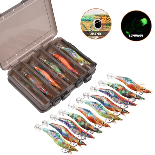 10Pcs Squid lure Wooden Shrimp jigs Fishing hooks Octopus bait 12g 14.5g Cuttlefish Luminous Artificial fishing bait