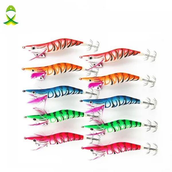 JSM 5pcs Hard Squid hook jig Lures Sea Fishing Artificial Bait Wood Shrimp Squid Fishing Hook 10cm length