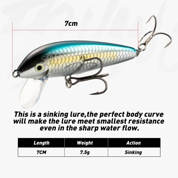 Sinking Minnow Fishing Lure 7cm 7.5g Artificial Trout Lure Stream Lake Jerkbait Rockfishing Hard Baits - Image 2