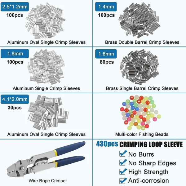 Stainless Steel Fishing Crimping Pliers Wire Rope Crimping Tool with 410pcs 5 Sizes Aluminum Copper Barrel Crimp Sleeves Beads - Image 6