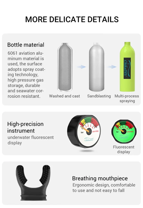 Chikadiv C400 1l Mini Scuba Tank Oxygen Cylinder Diving Snorkel Scuba Diving Equipment Swimming Snorkel Set Respirator Adapter - Image 6
