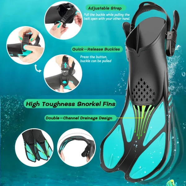 Snorkel Fins Adjustable Buckles Swimming Flippers Short Silicone Scuba Diving Shoes Open Heel Travel Size Adult Men Womens - Image 5