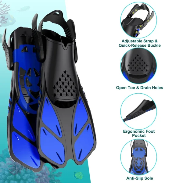 Snorkel Fins Adjustable Buckles Swimming Flippers Short Silicone Scuba Diving Shoes Open Heel Travel Size Adult Men Womens - Image 2